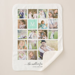 White 16 Photo Collage Monogram Name Calligraphy Sherpa Blanket