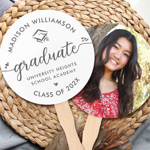 White 1 Photo Graduation Grey Script Hearts Cap Hand Fan