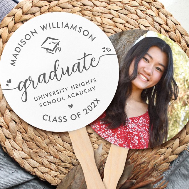 White 1 Photo Graduation Grey Script Hearts Cap Hand Fan (Creator Uploaded)