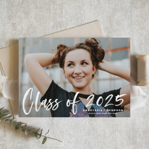 White 2025 Brush Lettering Photo Graduation Invitation