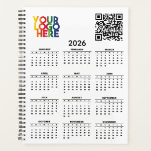 White 2026 Calendar Business Logo QR Code Planner