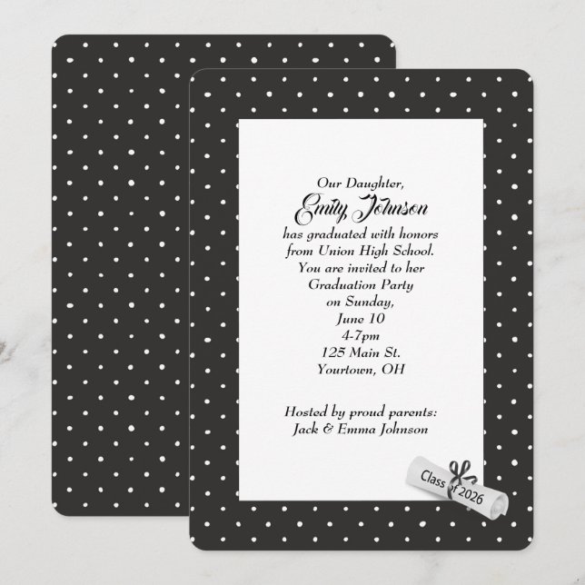 White 2026 Diploma on Polka Dot Pattern Invitation (Front/Back)