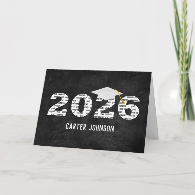 White 2026 Graduation Cap On Black Leather Card (Front)