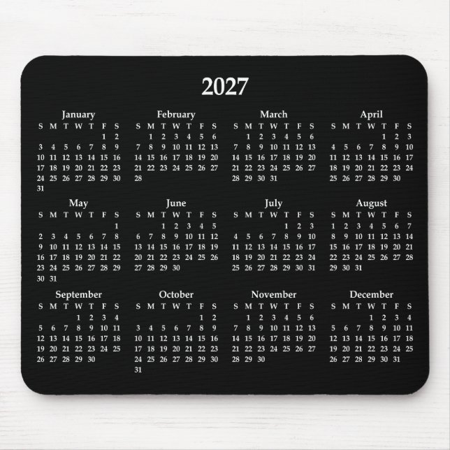 White 2027 Calendar on Black Mouse Pad (Front)