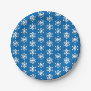 White 3-d Snowflake on a Blue Background Paper Plate