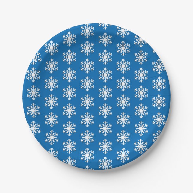 White 3-d Snowflake on a Blue Background Paper Plate (Front)