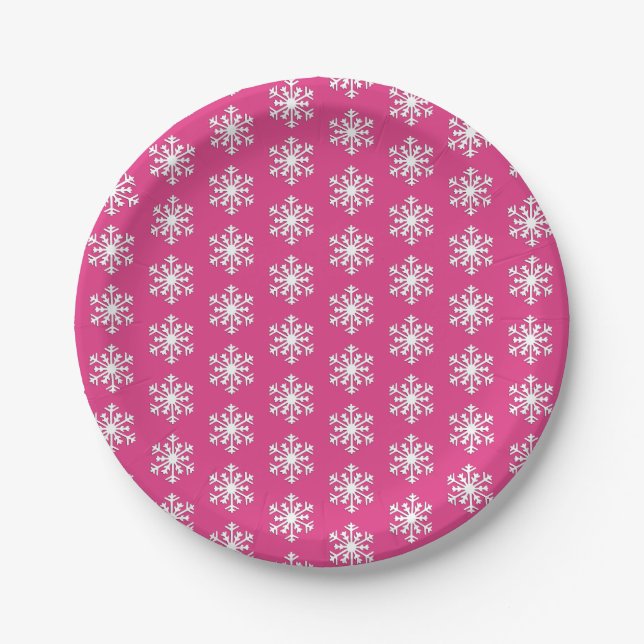 White 3-d Snowflake on Peppermint Pink Paper Plate (Front)