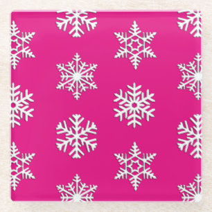 White 3-d snowflakes, Customisable Background Glass Coaster
