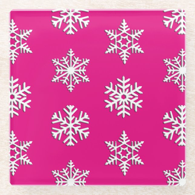 White 3-d snowflakes, Customisable Background Glass Coaster (Front)