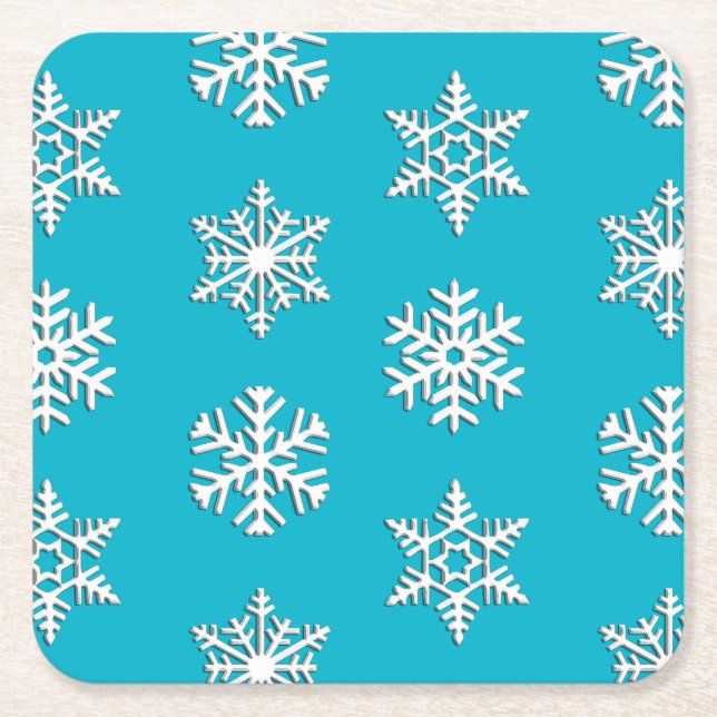 White 3-d snowflakes, Customisable Background Square Paper Coaster (Front)