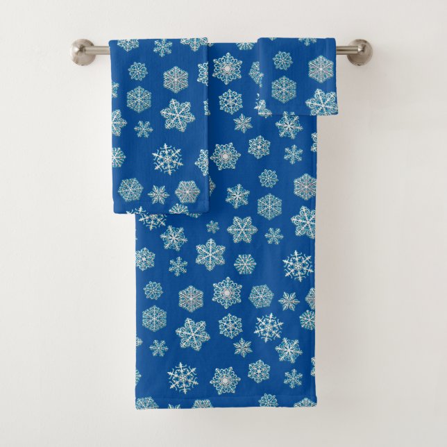 White 3-d snowflakes on a cobalt blue background bath towel set (Insitu)