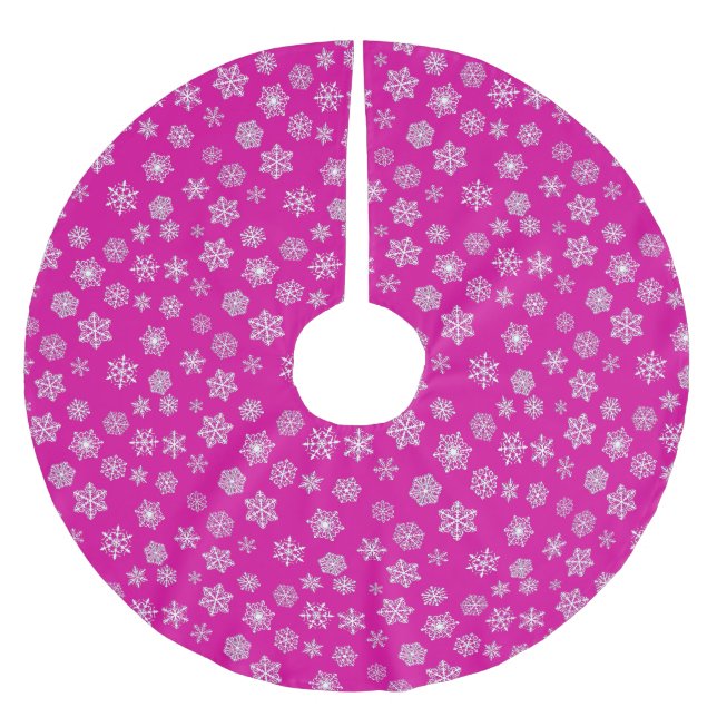 White 3-d snowflakes on a fuchsia pink background brushed polyester tree skirt (Front)