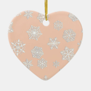 White 3-d snowflakes on a peach background ceramic tree decoration