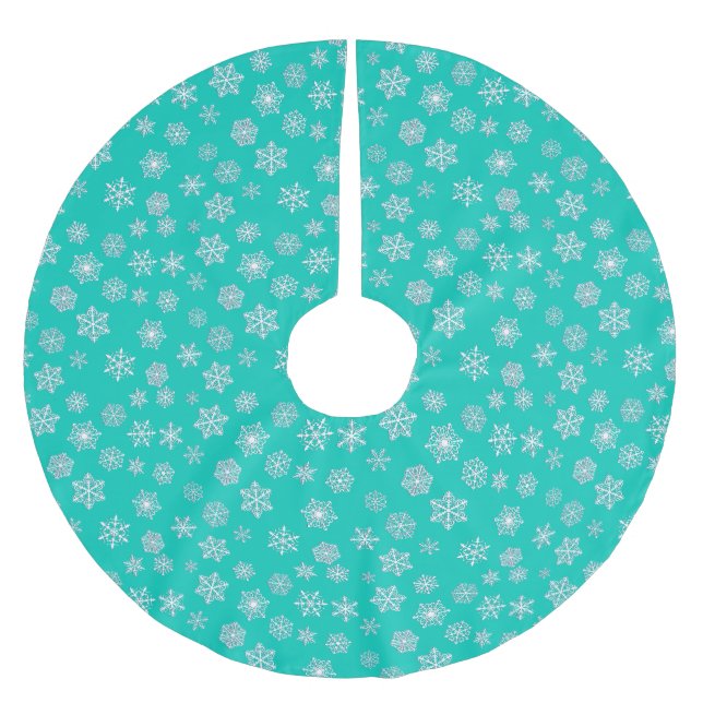White 3-d snowflakes on a turquoise background brushed polyester tree skirt (Front)