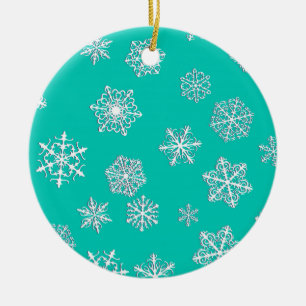 White 3-d snowflakes on a turquoise background ceramic tree decoration