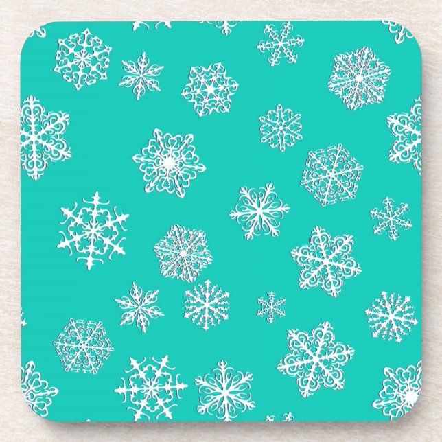 White 3-d snowflakes on a turquoise background coaster (Front)