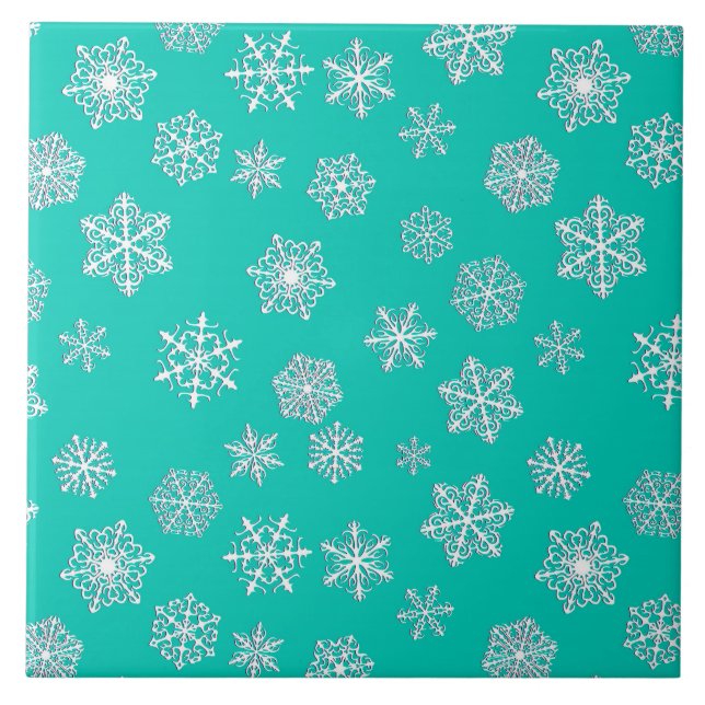 White 3-d snowflakes on a turquoise background tile (Front)