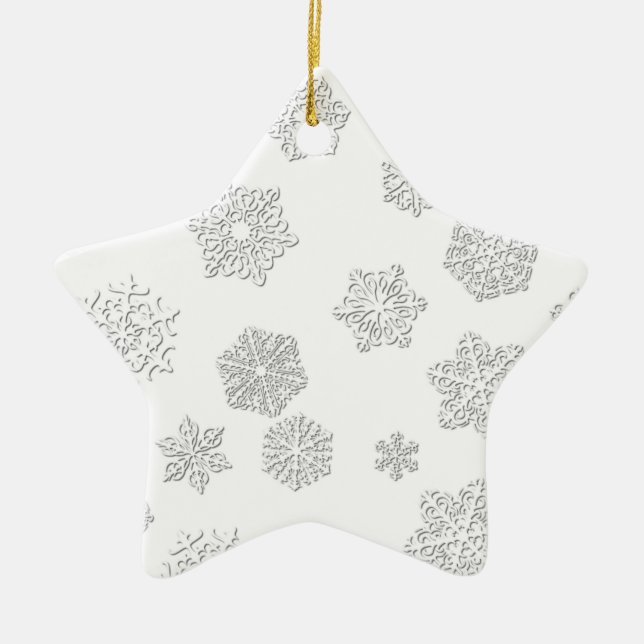 White 3-d snowflakes on a white background ceramic tree decoration (Front)