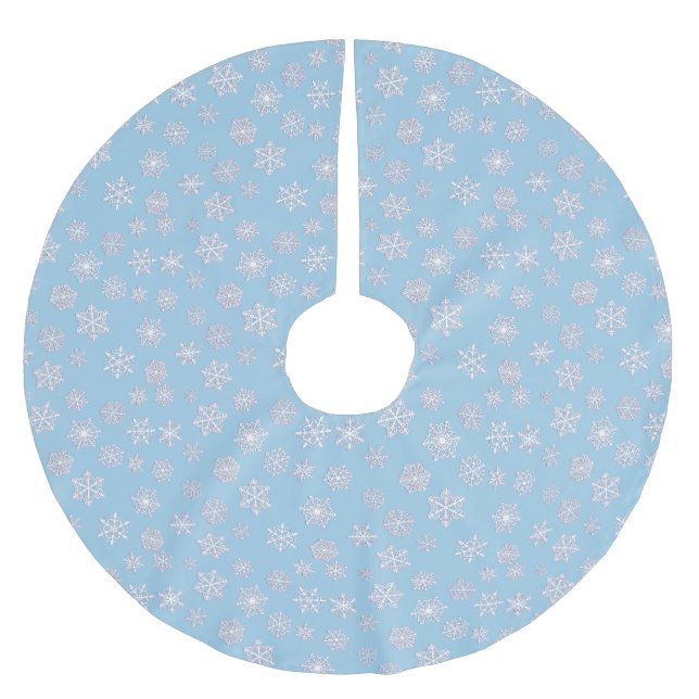 White 3-d snowflakes on an ice blue background brushed polyester tree skirt (Front)