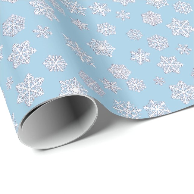 White 3-d snowflakes on an ice blue background wrapping paper (Roll Corner)
