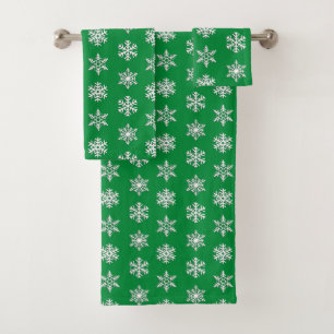 White 3-d Snowflakes on Emerald Green Bath Towel Set