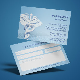 White 3D Caduceus Blue Design Medical Appointment Card