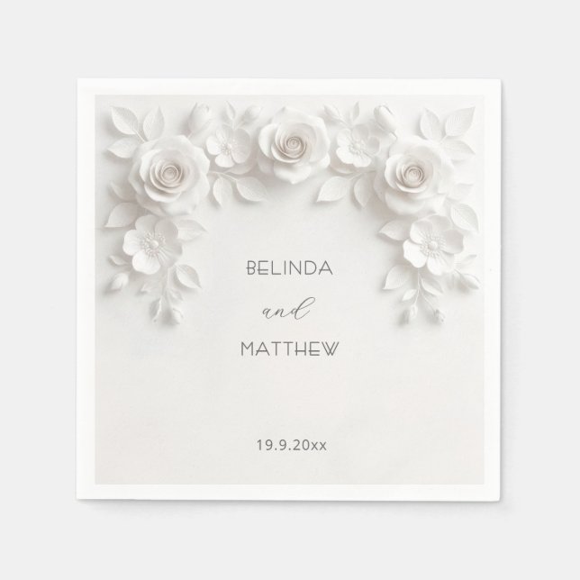 White 3D Floral Roses | Wedding Napkin (Front)
