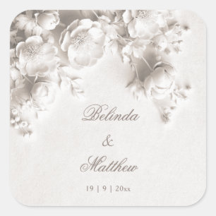 White 3D Floral Roses Wedding Square Sticker