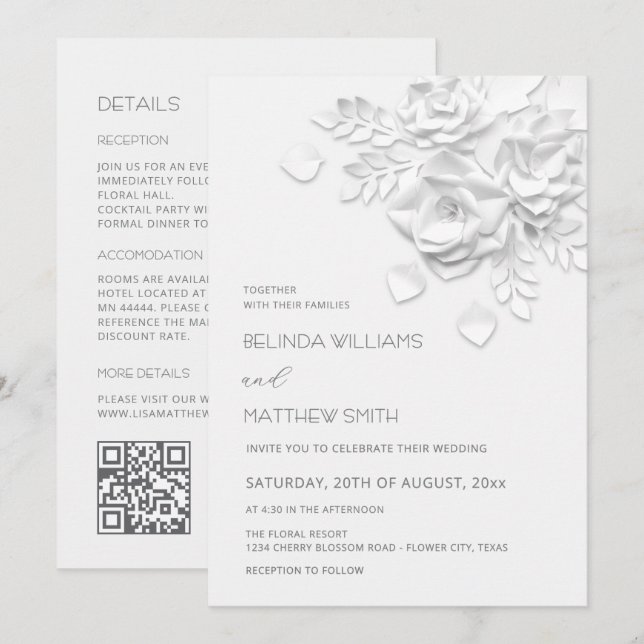 White 3D Flowers All-In-One Wedding  Invitation (Front/Back)