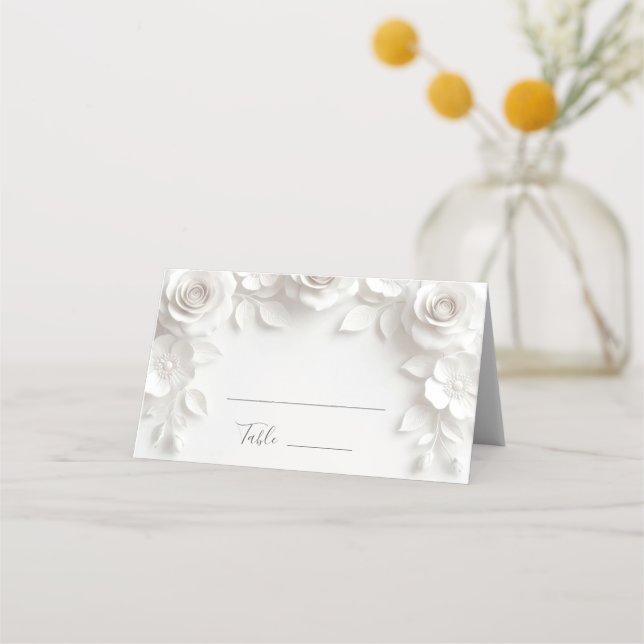 White 3D Flowers Arched Wedding Place Card (Front)