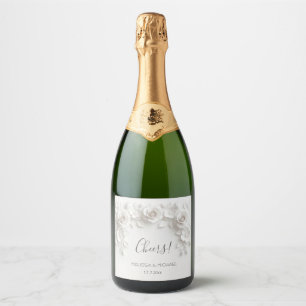 White 3D Flowers Roses Cheers Wedding Sparkling Wi Wine Label