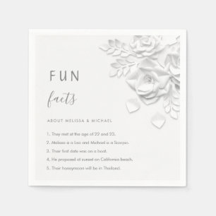 White 3D Flowers Roses Fun Facts Wedding Napkin