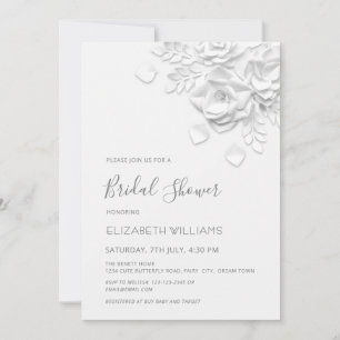 White 3D Flowers Roses Minimalist Bridal Shower Invitation