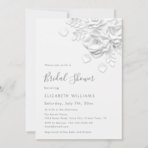 White 3D Flowers Roses Minimalist Bridal Shower Invitation