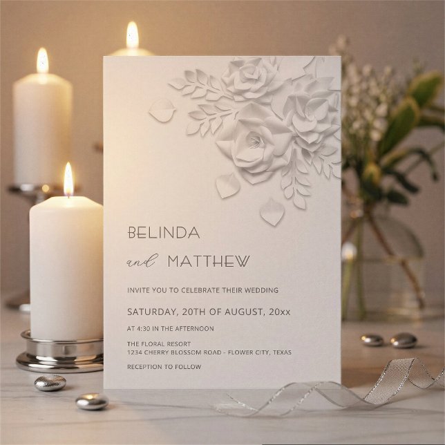 White 3D Flowers Roses Minimalist Wedding  Invitation (Creator Uploaded)