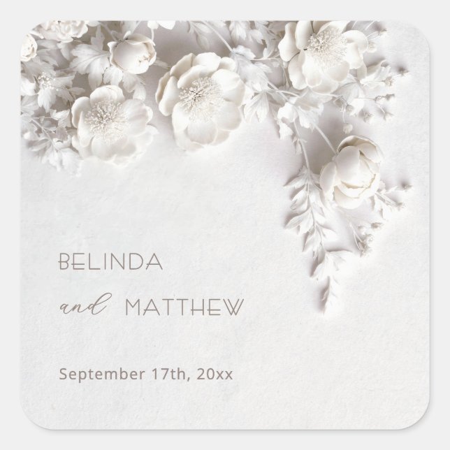 White 3D Flowers Roses Minimalist Wedding  Square Sticker (Front)