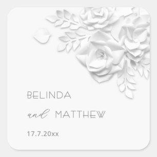 White 3D Flowers Roses Minimalist Wedding Square Sticker