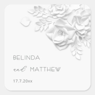 White 3D Flowers Roses Minimalist Wedding Square Sticker