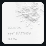 White 3D Flowers Roses Minimalist Wedding  Square Sticker<br><div class="desc">Experience contemporary elegance with our minimalist 3D paper cut white roses wedding sticker. This design features a sophisticated curved silhouette paired with textured white roses art and clean,  architectural typography. The left-aligned layout offers a fresh,  modern aesthetic for couples seeking a unique and professional look for their special day.</div>