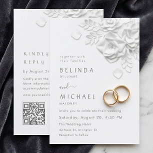 White 3D Flowers Roses Simple Wedding Invitation