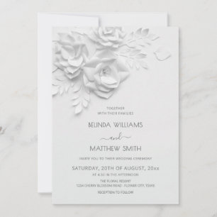 White 3D Flowers Roses Simple Wedding Invitation