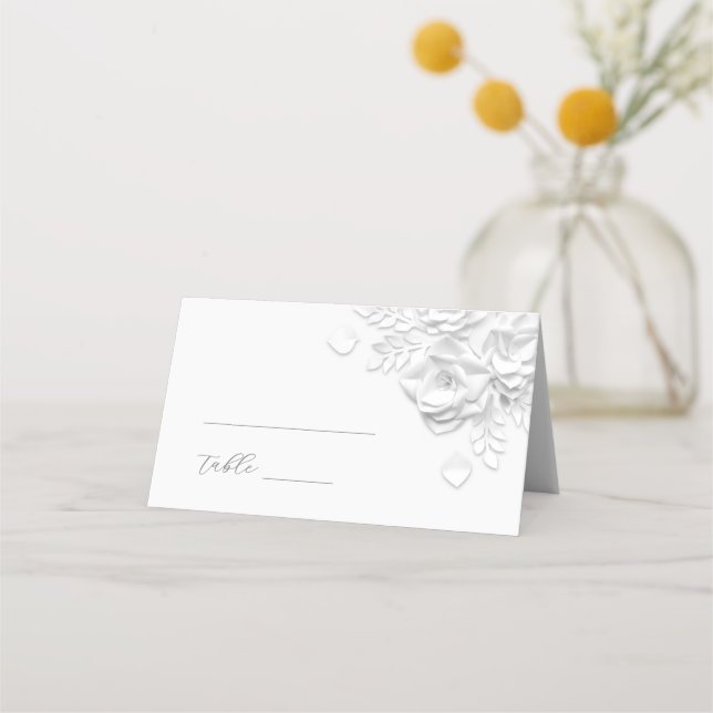 White 3D Flowers Wedding Place Card (Front)