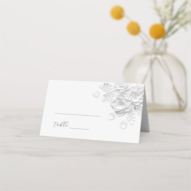 White 3D Flowers Wedding Place Card (Front)