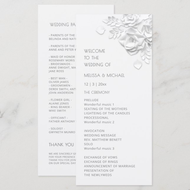 White 3D Roses Floral  Programme (Front/Back)