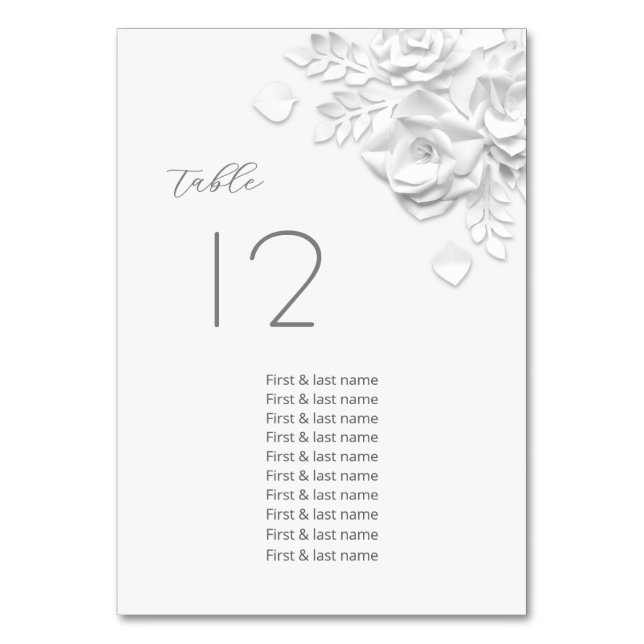 White 3D Roses Wedding Guest Names  Table Number (Front)