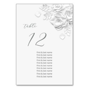 White 3D Roses Wedding Guest Names  Table Number