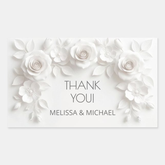 White 3D Roses Wedding Thank You Rectangular Sticker (Front)