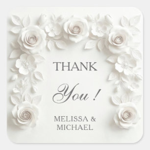 White 3D Roses Wedding Thank You Square Sticker