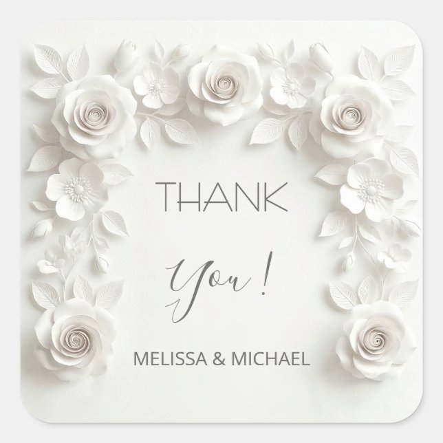 White 3D Roses Wedding Thank You Square Sticker (Front)