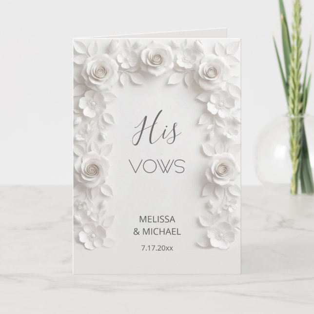 White 3D Roses Wedding Vow Card (Front)